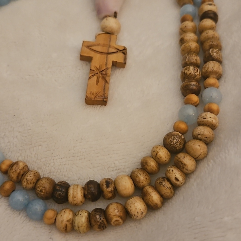 HANDMADE Jasper and Blue Quartz Beaded Shell Olive Wood Cross Prayer Rope - Picture 8 of 12